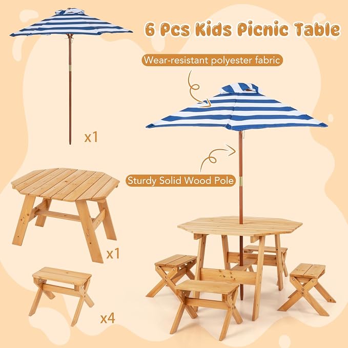 HONEY JOY Kids Picnic Table, Fir Wood Octagon Table & 4 Stool Set, Stripe Fabric Umbrella, Toddler Picnic Table for Outdoors, Children Backyard Furniture for Patio Garden (Natural)
