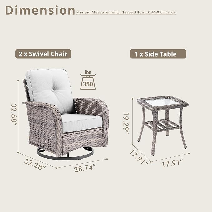 7 Piece Patio Swivel Rocker Chairs Set with Side Table, Light Gray | High Back Deep Seating, All Weather Wicker, Outdoor Glider Chair Set, Porch Deck Backyard Balcony Furniture