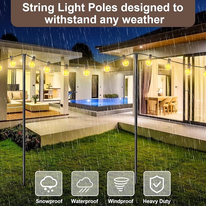 MuliVid 4 Pack String Light Poles for Outdoor,Metal Light Hanging Pole Outside with Fork,Light Stand for Patio, Pergola, Garden, Backyard, Yard, Camping Party (4 Pack)