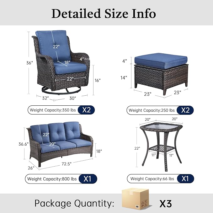6 Piece Patio Furniture Set with Ottoman - All Weather Patio Conversation Set with 4 Inch Thick Cushions and Deep Seating Swivel Glider Chairs & Outdoor Couch for Porch Deck Yard Pool