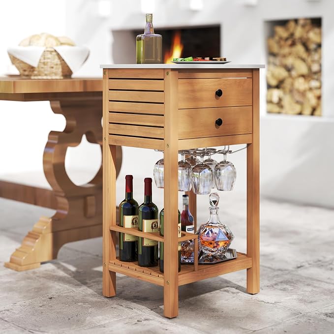 Goplus Outdoor Side Table, Acacia Wood Bar Table w/Marble-Like Countertop, 2 Storage Drawers, Bottom Shelf, Glass & Wine Holders, Small Buffet Sideboard for Patio, Backyard, Garden, Deck Corner