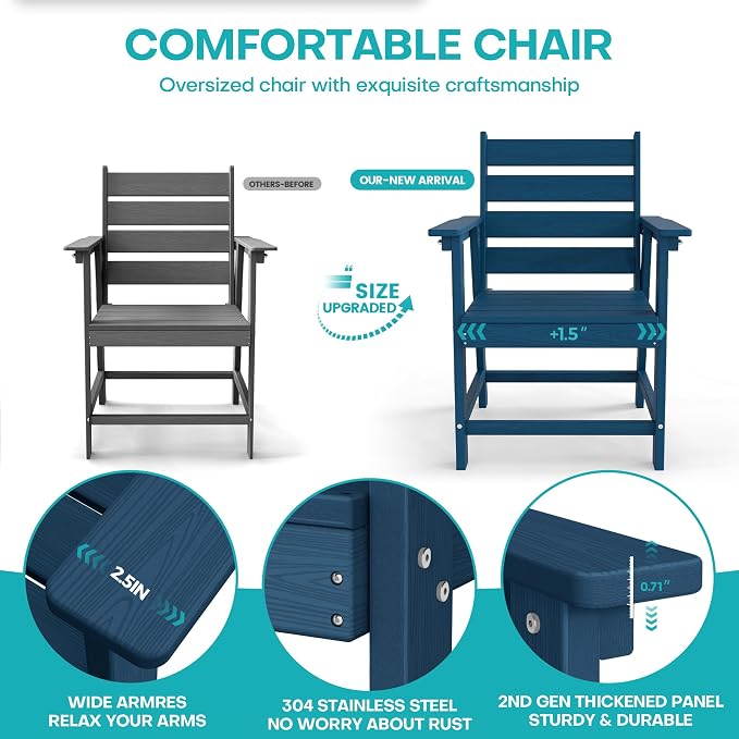7-Piece Dining Set, HDPE Table & 6 Chairs, Navy Blue | HDPE Dining Set: 69.1" Table + 6 Chairs, 380 lbs, 304 Stainless, All-Weather, No Rust No Crack, Outdoor Patio Garden