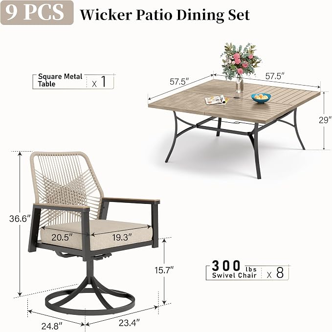 Patio Dining Set 9 Piece, 8 x Woven Rattan Swivel Chairs with Waterproof Cushion, 57.5" Square Wood-Like Metal Table with Umbrella Hole, Outdoor Table and Chairs Set for Backyard Lawn and Deck, Beige