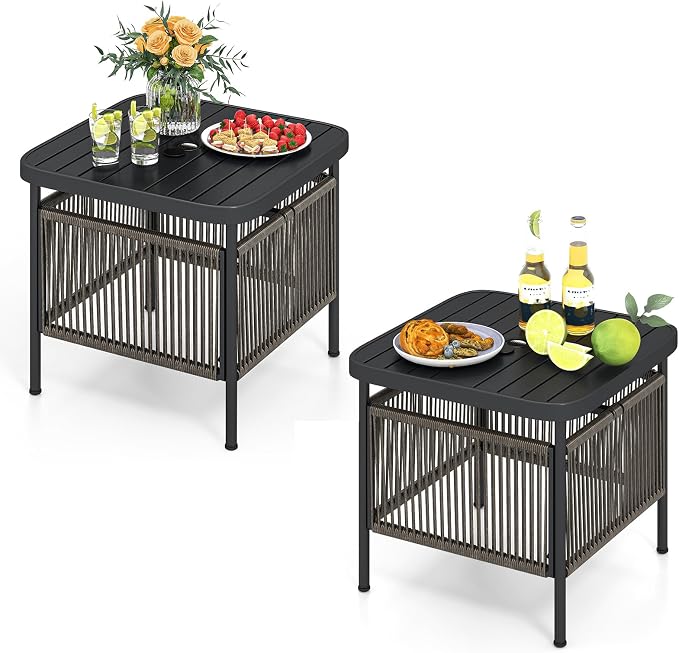 Tangkula Outdoor PE Rattan Side Table with 1.57” Umbrella Hole, Square Patio End Table with Metal Frame, Small Bistro Coffee Table for Porch, Balcony, Garden and Backyard (2)