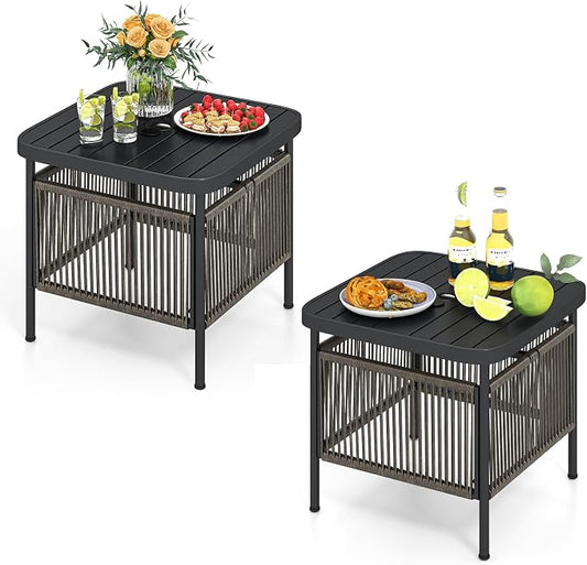 Tangkula Outdoor PE Rattan Side Table with 1.57” Umbrella Hole, Square Patio End Table with Metal Frame, Small Bistro Coffee Table for Porch, Balcony, Garden and Backyard (2)