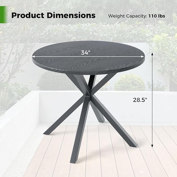 34” Round Dining Table, 4 Person Kitchen Table with Wood-Like Tabletop & X-Shaped Metal Frame, Indoor-Outdoor Coffee Table for Backyard, Balcony, Poolside, Garden, Lawn