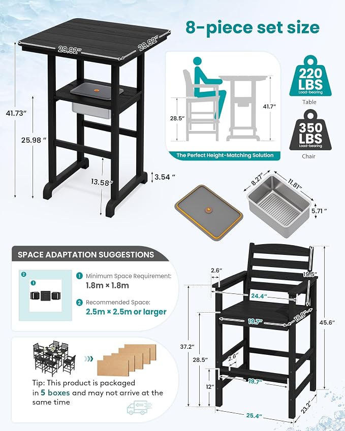 SERWALL Adirondack Bar Chairs and Table 8 Pieces Set, HDPE Bar Height Chairs Set of 2 and Bar Table with Ice Bucket, Outdoor Bar Stools Set for Dining, Balcony, Poolside, Backyard, Black