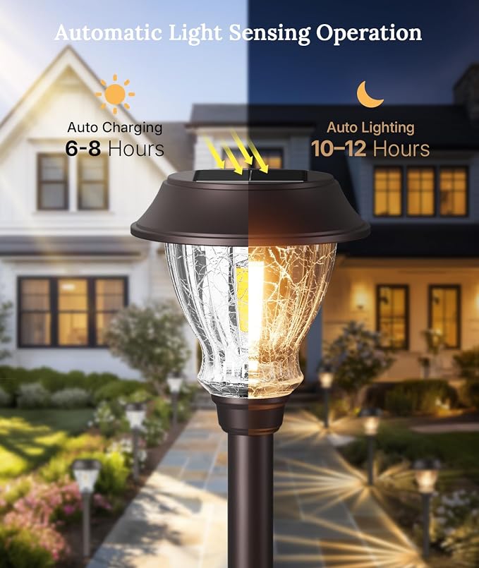 XMCOSY+ Solar Pathway Lights Outdoor, Warm White Landscape Lighting, 8 Pack | Crackled Glass Metal Garden Lights, IP65 Waterproof, Soft 2700K LED, Auto On/Off Landscape Lights for Path, Yard, Walkway