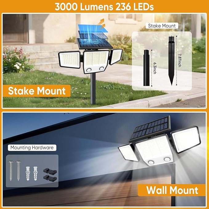 MDCMDCM Solar Motion Sensor Outdoor Lights Waterproof - 3000LM 3 Modes Security Lights Outdoor 270° Illumination IP65 LED Solar Flood Wall Light for Garden Yard Patio Pathway (with Stakes, 3)