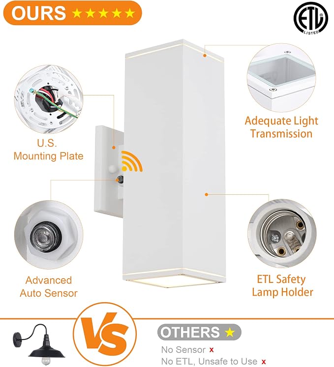 Dusk to Dawn Outdoor Light Fixture, 2 Pack Waterproof Outdoor Wall Lights, Modern Sensor Ootdoor Porch Light Exterior Lighting Fixture, White