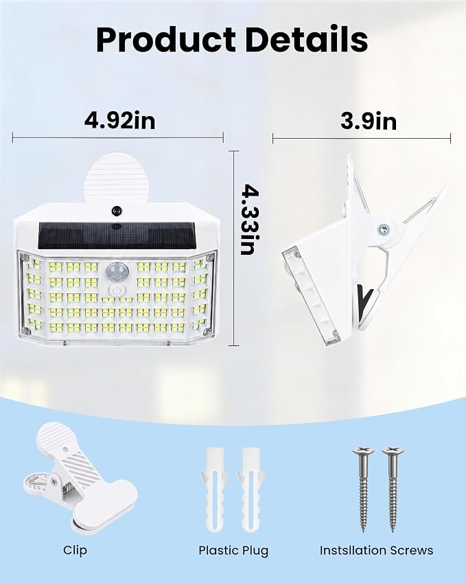 176LED Clip on Solar Lights Outdoor, 600LM Solar Motion Lights Outdoor with 180° Wide Angle, IP65 Waterproof Portable Solar Fence Lights Outdoor for Fence, Gutter, Garden, Camping, Patio White 2Pack