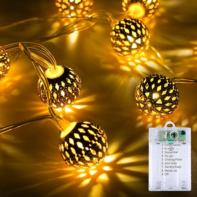 Moroccan String Lights Battery Operated 60 LED 36 FT Globe Fairy Lights | Warm White String Light for Bedroom, 8 Lighting Modes & Timer, for Party Wedding Garden Christmas Indoor Decor