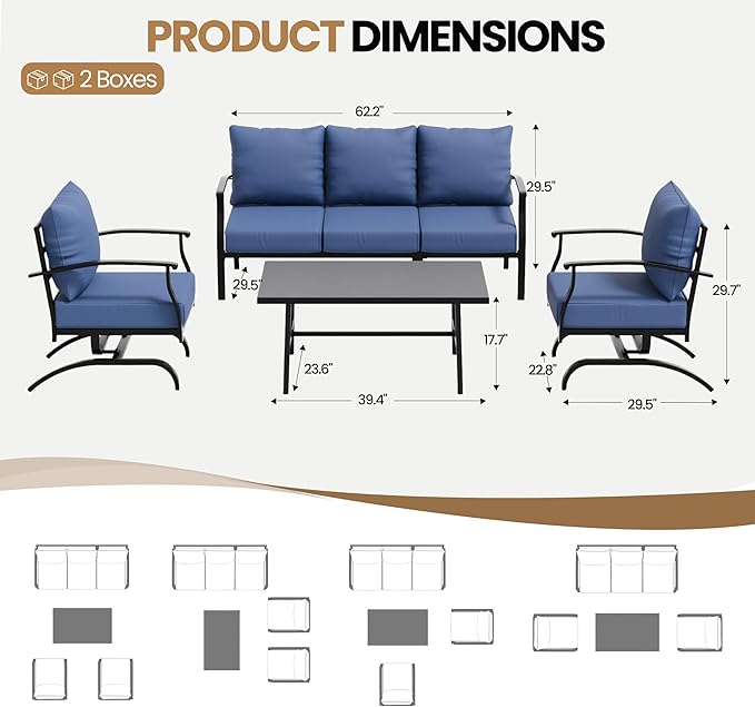 Metal Patio Furniture Set, 4 Piece Outdoor Furniture Set, All Weather Modern Outdoor Couch Sofa with Comfortable Cushions & Coffee Table, Metal Conversation Set for Balcony, Porch, Deck (Navy)
