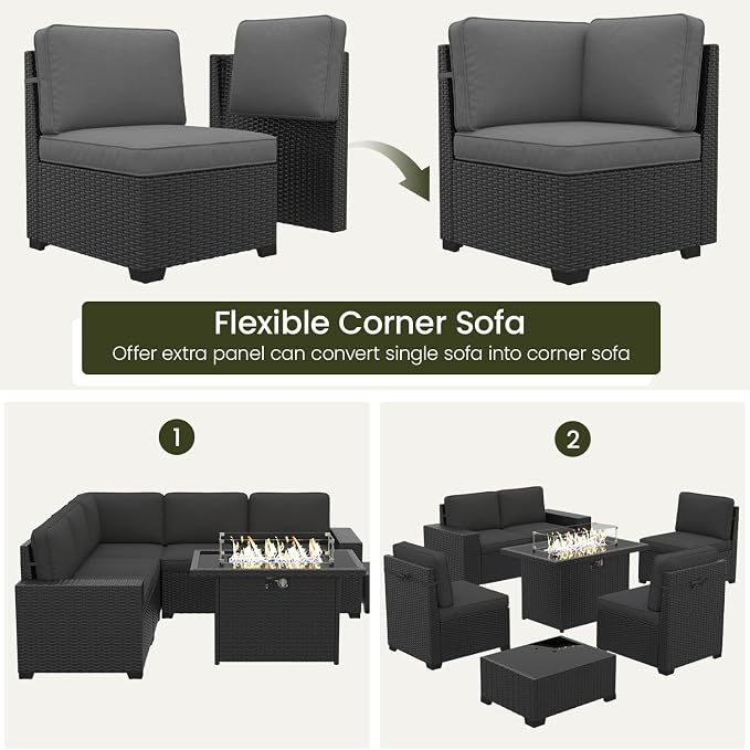 LayinSun 13 Pieces Outdoor Patio Furniture Set with 44" Fire Pit Table Rattan Sectional Sofa Conversation Sets