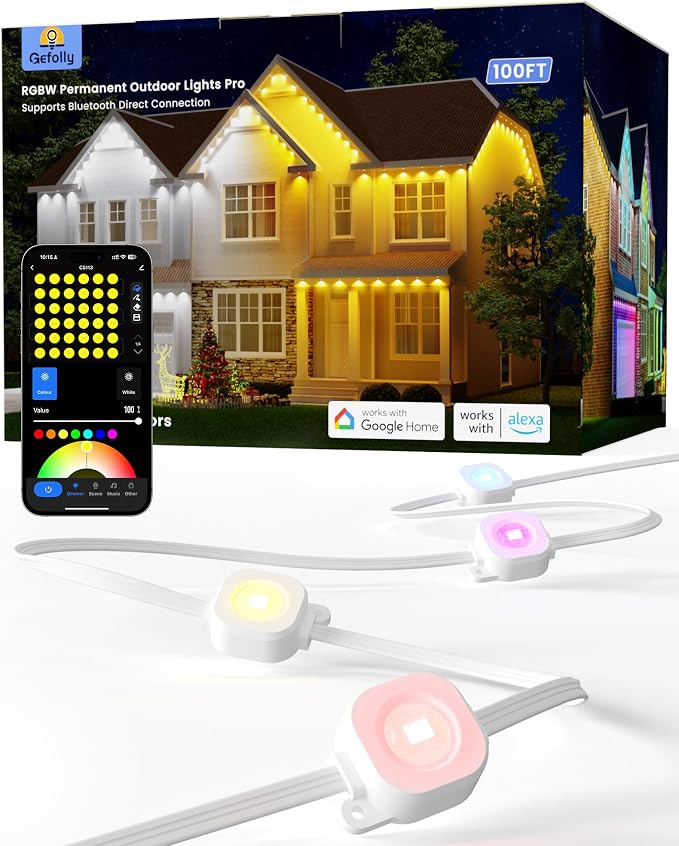 Gefolly Permanent Outdoor Lights Pro, 100ft, 60 RGBW Light, 111 Scene Modes | Double-LED for Daily, Halloween, Christmas, IP67 Waterproof for Outdoor Decor, Works with Alexa, Google Assistant, White