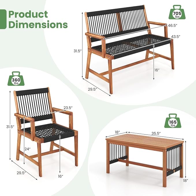 HAPPYGRILL 4 Pieces Patio Furniture Set Acacia Wood Conversation Set with Hand-Woven Rope Design, Ergonomic Loveseat & Single Chairs, Wooden Chair & Table Set for Porch Yard Poolside