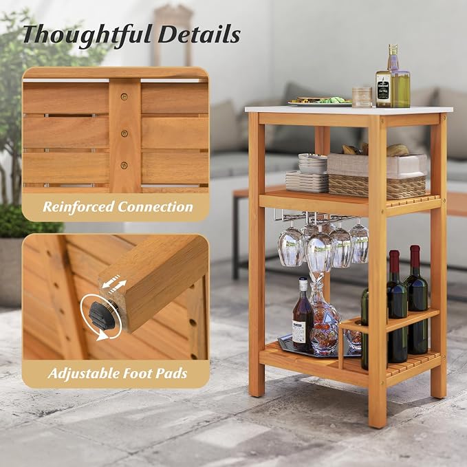 Goplus Outdoor Side Table, 3-Tier Acacia Wood Bar Table w/Marble-Like Countertop, 2 Slatted Shelves, Glass & Wine Holders, Small Buffet Sideboard & Corner End Table for Patio, Deck or Indoor