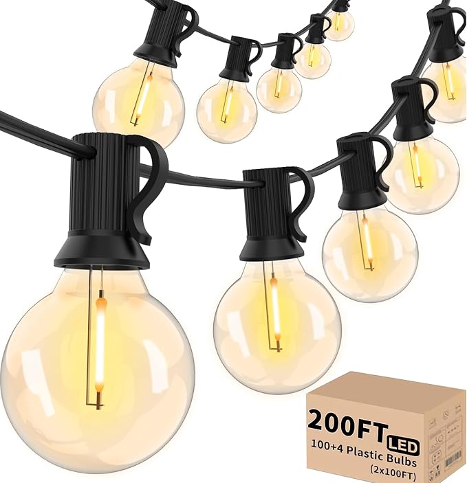 Svater 200 FT Outdoor String Lights for Outside Patio 104 Bulbs Waterproof | Commercial Grade Hanging Globe Lighting, Shatterproof G40 LED Bulbs, For Bistro Cafe Market Backyard ETL 2700K (2*100)