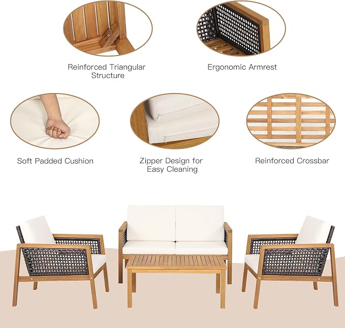 8 Pieces Outdoor Acacia Wood Furniture Set, Outdoor PE Wicker Conversation Set with Coffee Table and Soft Cushions, Outdoor Sofa Set for Garden, Poolside and Backyard (2, Off White)