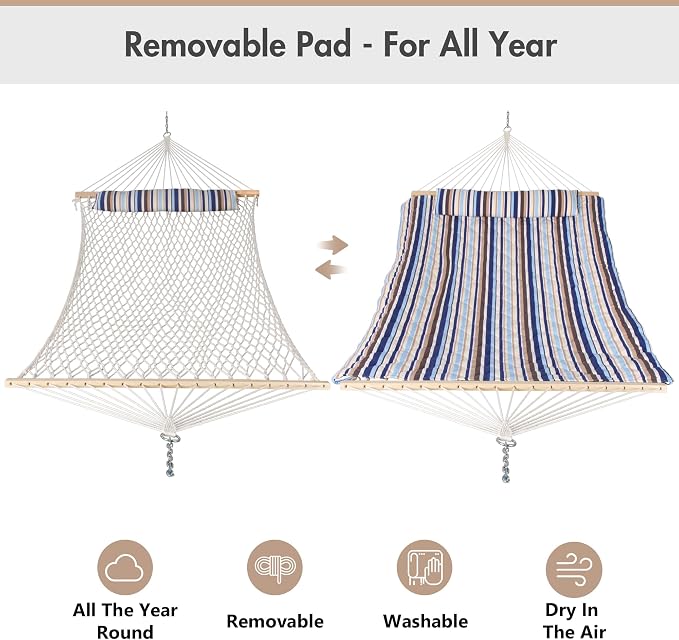 ANOW 13.5FT Curved Wood Stand with Double Hammock, Heavy Duty Larch Wood Arc Stand with 2 Chains, 4 Balance Ropes and 4 Carabiners, Includes Blue Seaside Rope Hammock with Spreader Bars