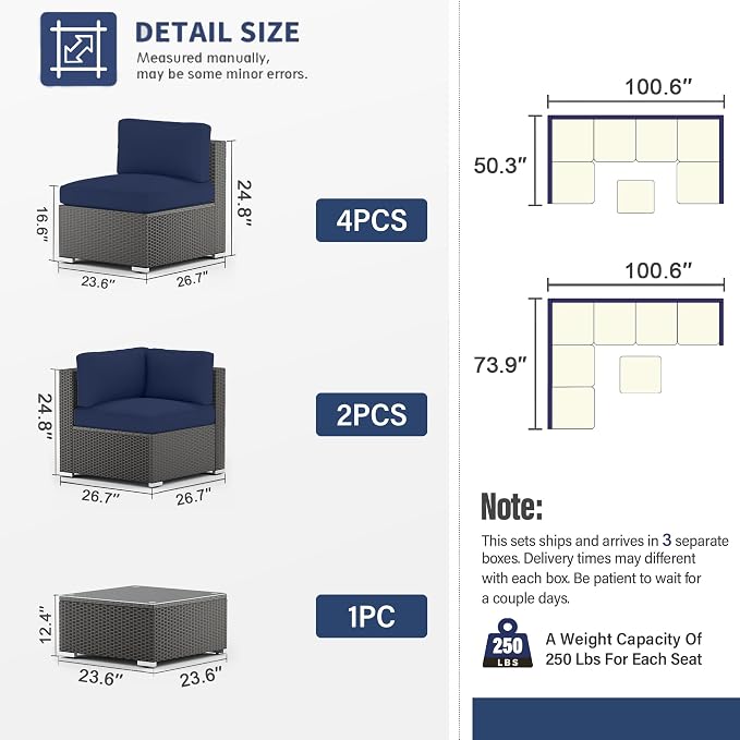 SUNCROWN 8-Piece Outdoor Patio Furniture Sofa Set All-Weather Wicker Sectional Conversation Set with Modern Glass Coffee Table, Cushions and Waterproof Cover, Dark Blue