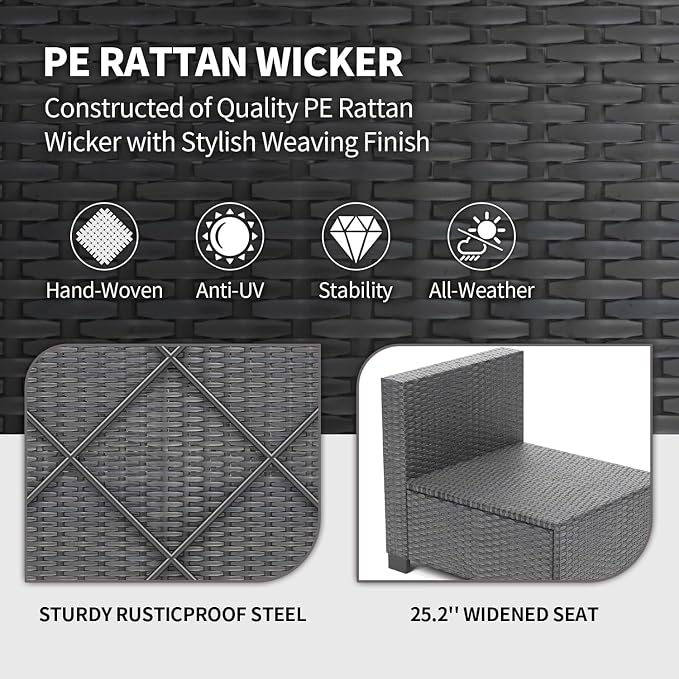 7 Piece Patio Furniture Set, Outdoor Modular Wicker Sectional Couch with Tempered Glass Coffee Table, All-Weather Rattan Conversation Set with Washable Cushions for Backyard, Garden, Deck