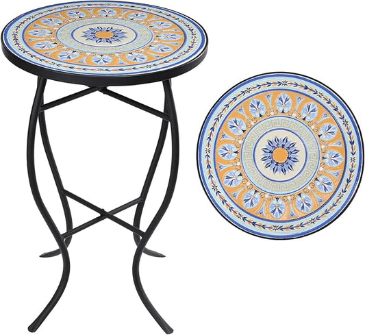 VCUTEKA Mosaic Side Table, 21" Round End Table with 14" Ceramic Tile Top, Patio Accent Table Indoor and Outdoor End Table for Yard, Garden, Living Room, Bistro Balcony or Lawn