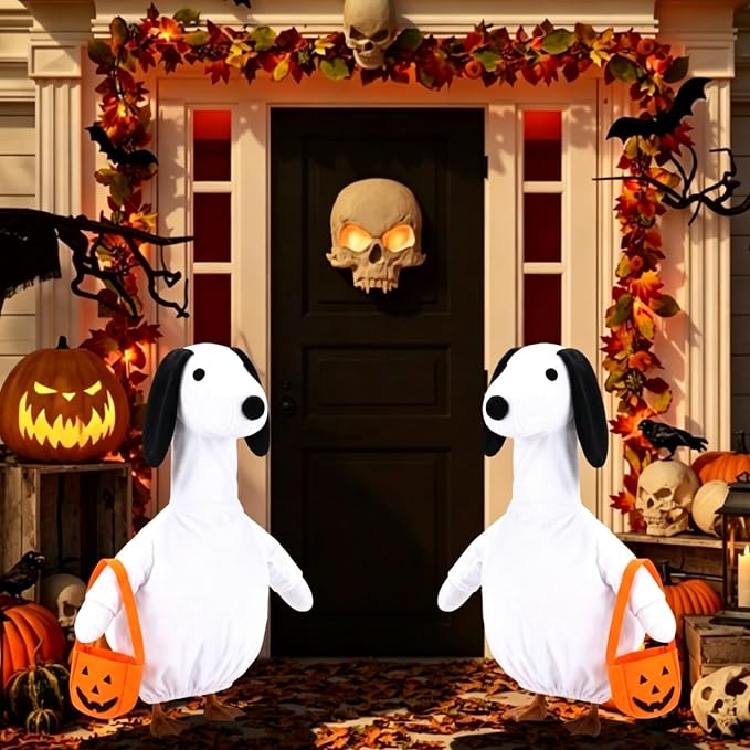 Halloween Porch Goose Outfit Ghost Dog Clothes for 23" High Cement or Plastic Goose Costume for Yard Lawn Outdoor Garden Patio Duck Statue Decor Halloween Puppy Ghost Costume Trick or Treat Decor