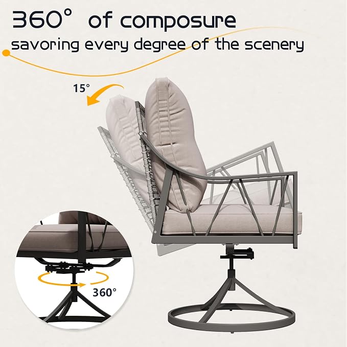 EROMMY 7-Piece Outdoor Patio Dining Set, 6 Wicker Swivel Rocking Chairs with 4" Cushions, Rectangular Table with Adjustable Umbrella Hole for Backyard, Deck, Black