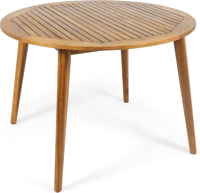 Christopher Knight Home Pelham Wooden Patio Dining Set for 4, Acacia Wood Outdoor Dining Table Set for 4, 5 Piece Outdoor Dining Set with Round Table and Armchair with Seat Cushion, Teak+Grey