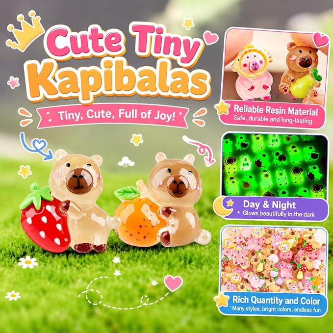 50 PCS Mystery Bag Mini Resin Capybara Blind Bags, Cute Glow in The Dark & Regular Capybara Figurines Surprise Box Toys for Kids, Tiny Collectible Party Favors, Cake Toppers, Phone Case Charms