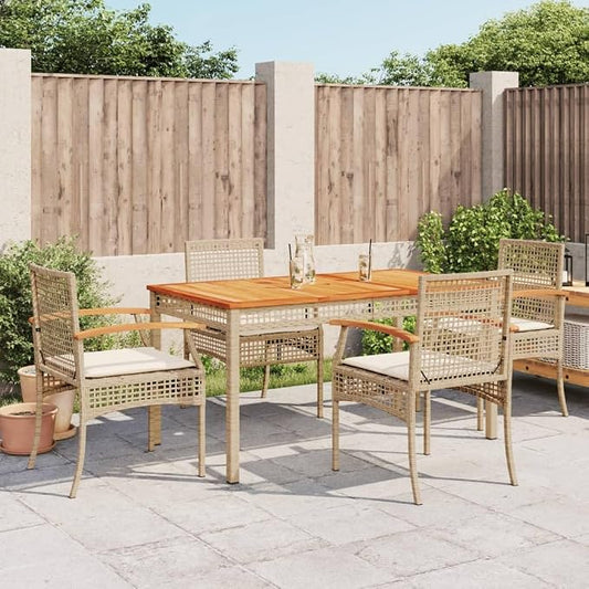 5 Piece Patio Dining Set with Cushions Beige Poly Rattan Outdoor Furniture Table and 4 Chairs Acacia Wood Top UV Proof Backyard Garden Porch Dining, Cream White Cushions