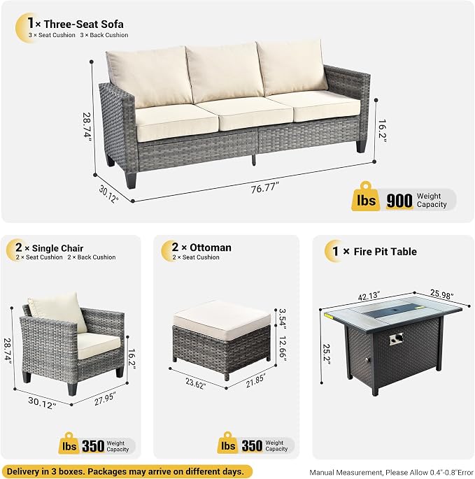 ovios Patio Furniture Set, 6 Pieces Outdoor Wicker Sofa Couch with Fire Pit Table, Ottomans and Comfy Cushions, All Weather High Back Rattan Conversation Set, Beige