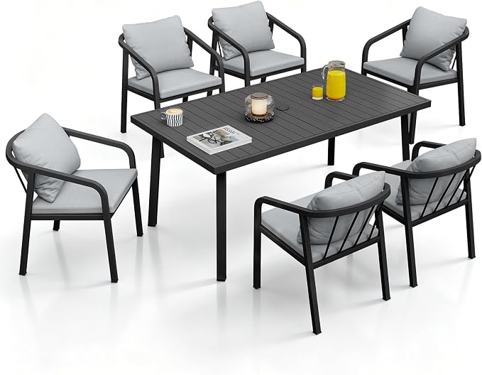 7-Piece Patio Dining Set, Never-Rust Aluminum Outdoor Dining Set for 6, Rectangular Outdoor Table and Chairs Set with Washable Cushions, Patio Furniture Set for Poolside, Lawn, Backyard, Black