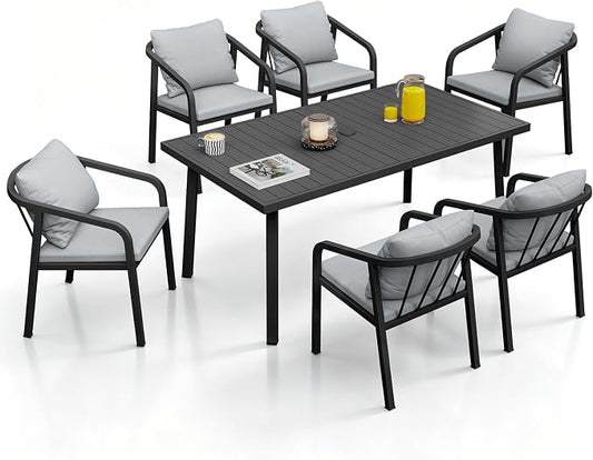 7-Piece Patio Dining Set, Never-Rust Aluminum Outdoor Dining Set for 6, Rectangular Outdoor Table and Chairs Set with Washable Cushions, Patio Furniture Set for Poolside, Lawn, Backyard, Black