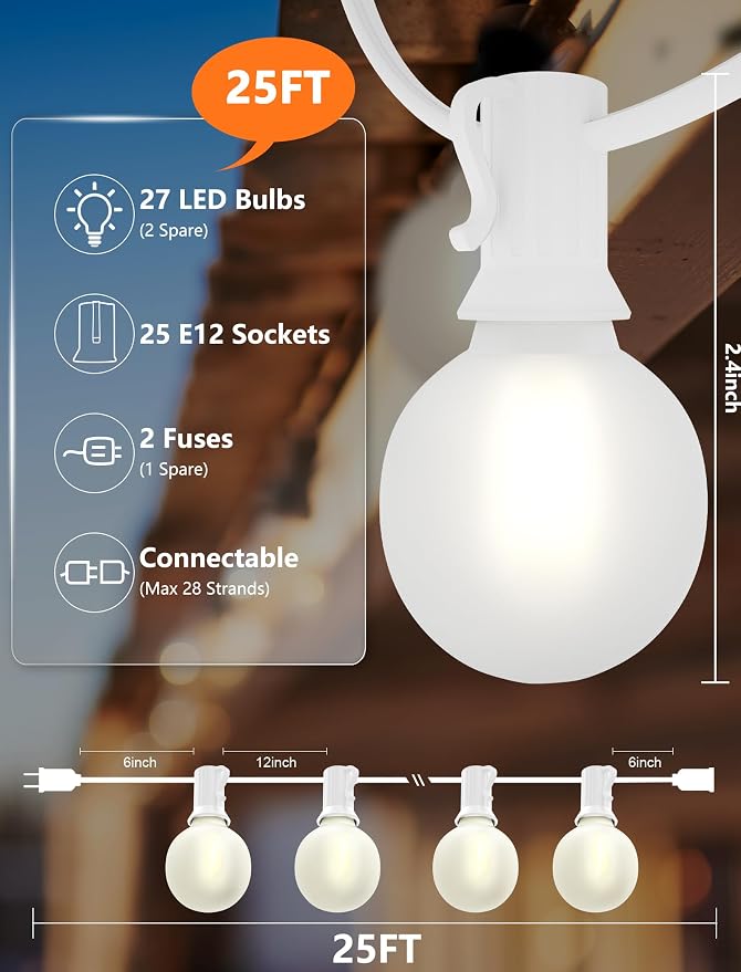 SUNSGNE 25Ft G40 LED Outdoor White String Lights with 27 White Frosted Shatterproof Globe Bulbs (2 Spare), Outdoor Hanging Lights for Room Café Bistro Pergola Tents, White Wire