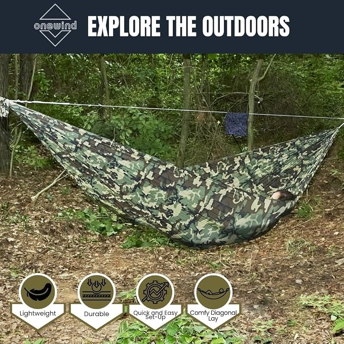 Onewind Camping Hammock, Ultralight Portable Hammock with Adjustable Ridgeline, Outdoor Hammock 20D Ripstop Nylon with 2 * 12Ft Tree Strap, Ideal for Camping, Hiking, Backpacking