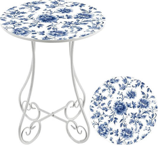 Cinnvoice 14 Inch Outdoor Side Table Round Small Patio Accent Weather Resistant Metal Elegant Indoor End Plant Coffee Tea Table for Yard Patio Outdoor Porch Garden Living Room(Blue Floral)