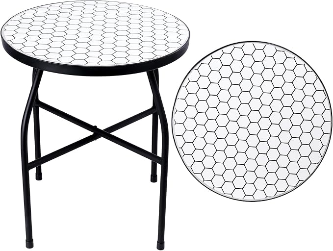 VCUTEKA Mosaic Outdoor Side Table - Small Patio Table Coffee Outside Accent Tables Round End Plant Tables for Bistro Balcony Porch Outdoor Benches 14'' White