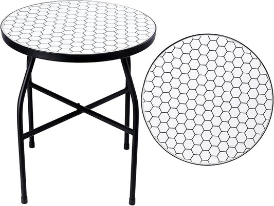 VCUTEKA Mosaic Outdoor Side Table - Small Patio Table Coffee Outside Accent Tables Round End Plant Tables for Bistro Balcony Porch Outdoor Benches 14'' White