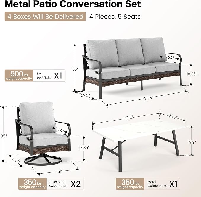 SUNSHINE VALLEY 4 PCS Metal Outdoor Patio Furniture Set, Patio Conversation Sets 1 3-Seater Sofa, 2 Swivel Chairs with 5.75" Extra Thick Cushion & Coffee Table, Black Backyard Furniture, Light Gray