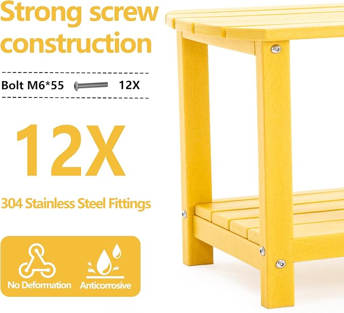 Adirondack Small Outdoor Side Table - Weatherproof HDPE Patio End Table with 2-Tier Storage for Firepit, Balcony, Garden, Poolside or Bathroom (Yellow, Set of 1)