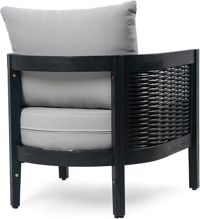 Christopher Knight Home Peron Patio 4-Seater Conversation Set, Sofa/Loveseat, 2 Club Chairs, Coffee Table, Cushion+Back Pillows, Acacia Wood+Wicker, Garden, Backyard, Poolside, Black + Light Grey