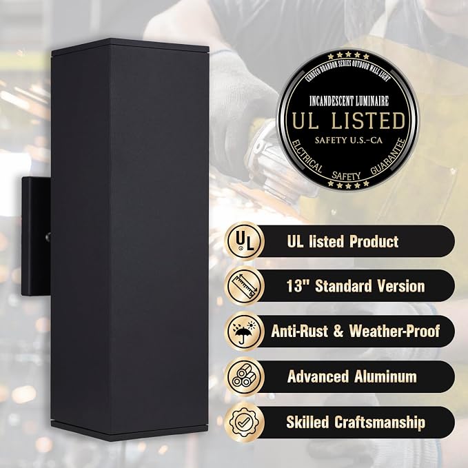 13" Black Square Modern Outdoor Wall Light Exterior Wall Sconce | E26 Base,UL listed,Aluminum Up and Down Lights Outdoor Exterior Wall Light Fixture Porch Light for House Garage Patio Garden