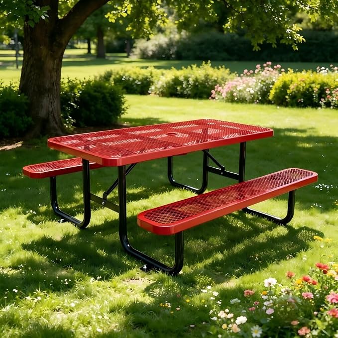 KEIKI 72" Heavy-Duty Metal Picnic Table with Benches, Commercial Outdoor Steel Table with 2.12" Umbrella Hole, 2.5mm Mesh Top, Rust-Resistant Coating, Patio Backyard Park Dining Furniture, Red