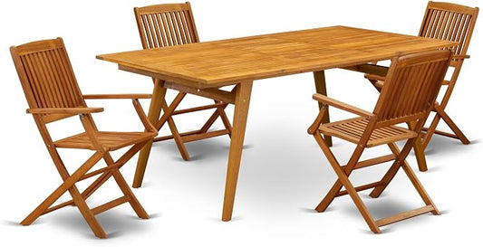 East West Furniture DECM5CANA 5 Piece Patio Dining Set Includes a Rectangle Outdoor Acacia Wood Table and 4 Folding Arm Chairs, 40x72 Inch, Natural Oil