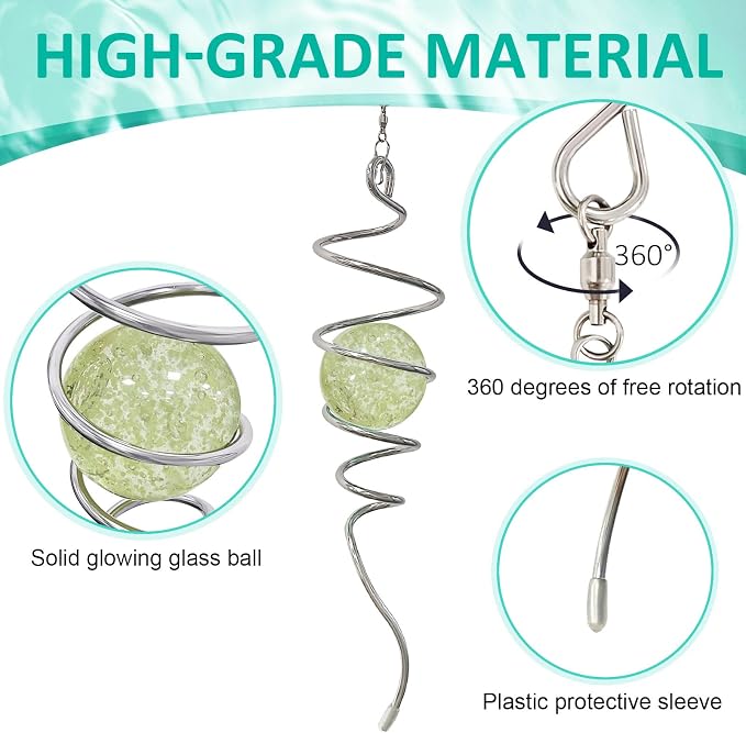 Glow in The Dark Gazing Ball Spiral Tail - Wind Spinner Stabilizer with Glow Glass Ball & Swivel Hook, Hanging Garden Decoration Sun Catcher Rainbow Maker Decor for lndoor Outdoor 13" Height