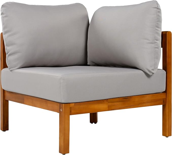 Acacia Wood L-shaped Outdoor Corner Sofa, Patio Conversation Furniture Set With 6 Soft Seat Cushions and Backpack , All Weather Outdoor Patio Sofa with Arc frame for Backyard, Garden (Grey-3.20)
