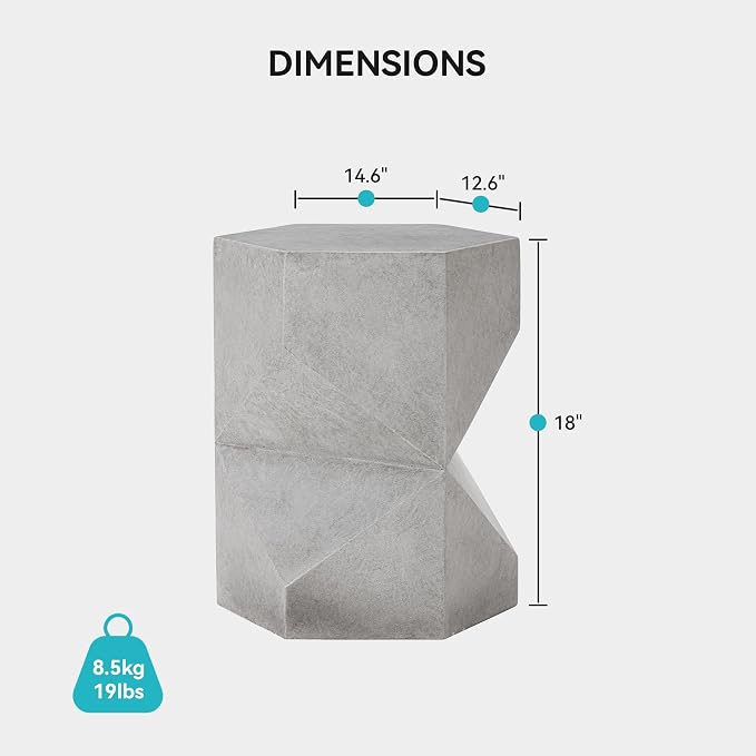 COSIEST MgO Concrete Side Table, 18 Inch Hexagonal Geometric Outdoor End Accent Table, All-Weather Patio Garden Stool, Modern Plant Stand & Coffee Table for Balcony Backyard, Gray, 1 Pack