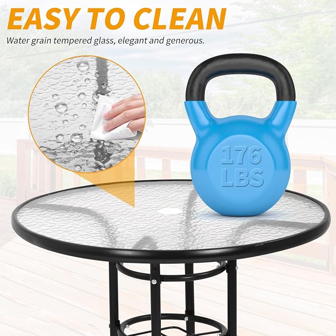 BLKMTY 32" Round Bistro Table Outdoor Furniture Garden Tables Patio Coffee with Tempered Glass Top Patio Glass Side Table for Backyard Lawn Balcony Pool, Black